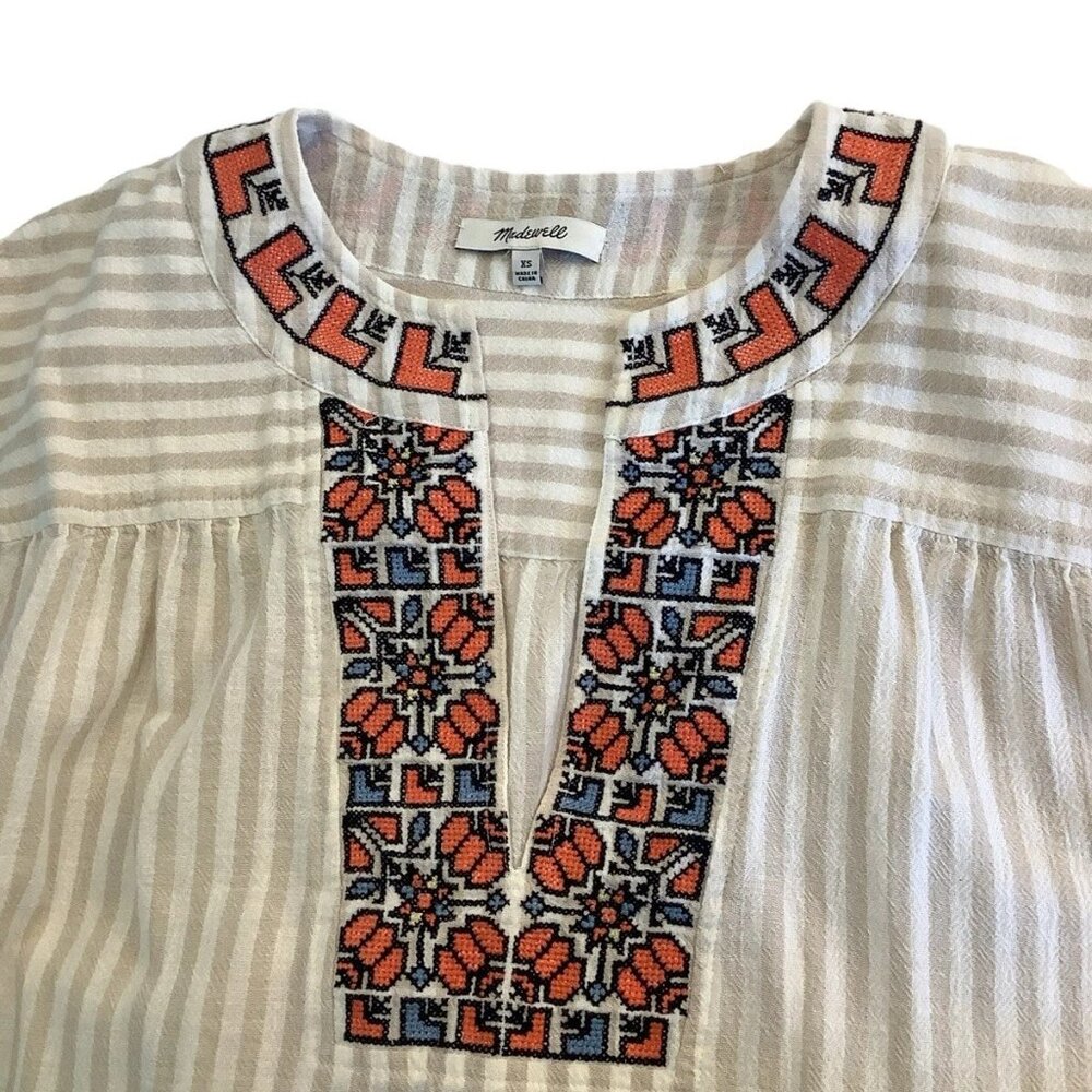 Madewell Womens Tunic Embroidered Stitch Boho Aztec Design Top Size XS Cotton - Picture 8 of 9